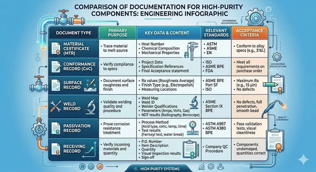 Documentation package for high purity components Documentation package for high purity components including material certificate conformance surface weld passivation and receiving records