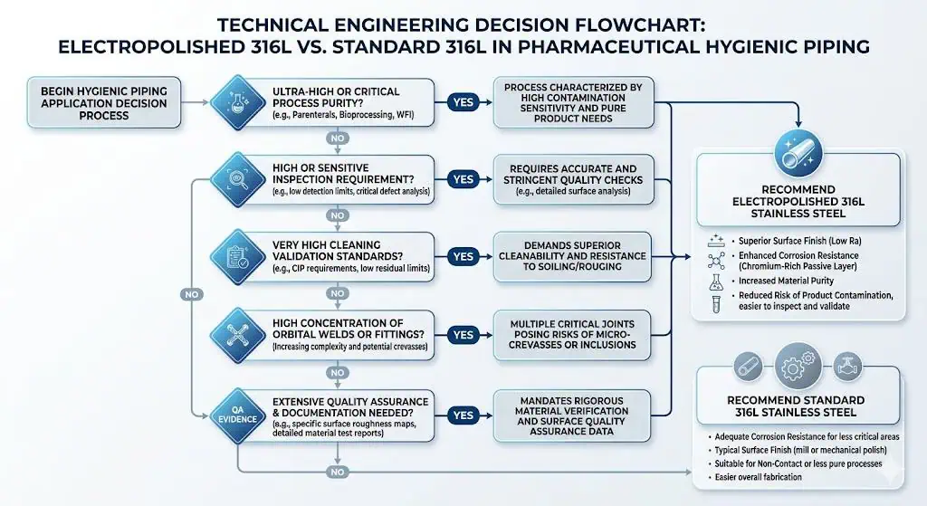 EP 316L vs Standard 316L Decision Logic for Pharma Piping EP 316L vs standard 316L decision logic for pharmaceutical hygienic piping based on process purity inspection sensitivity cleanability target weld density and QA evidence