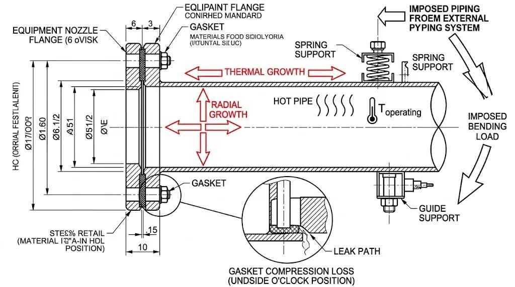 External Thermal Growth on a Flanged Joint External thermal growth on a flanged joint showing piping expansion bending load and one sided gasket compression loss