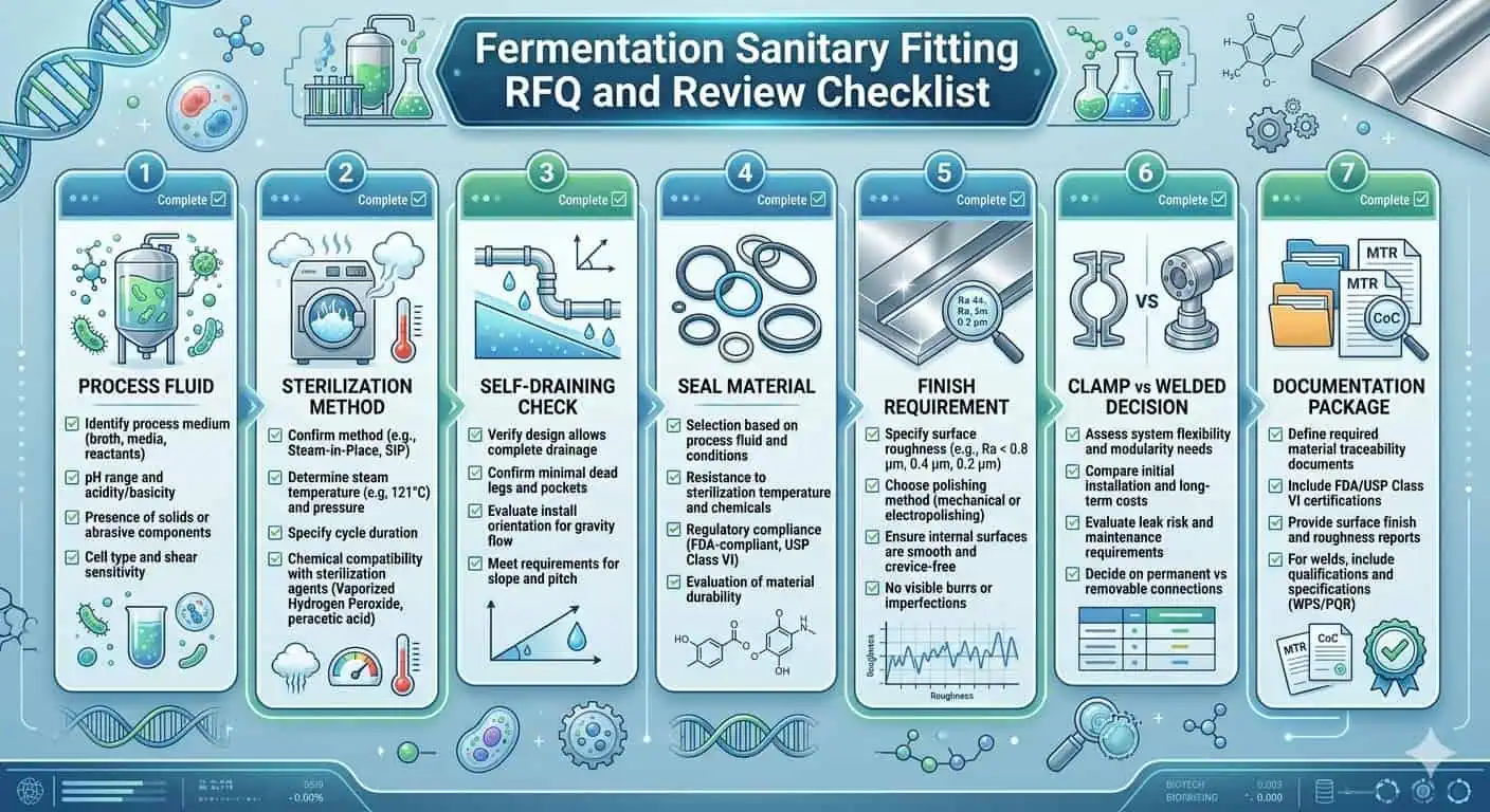 Fermentation Fitting RFQ and Review Fermentation fitting RFQ and review checklist covering process fluid, sterilization method, self-draining check, seal family, finish requirement, and documentation package