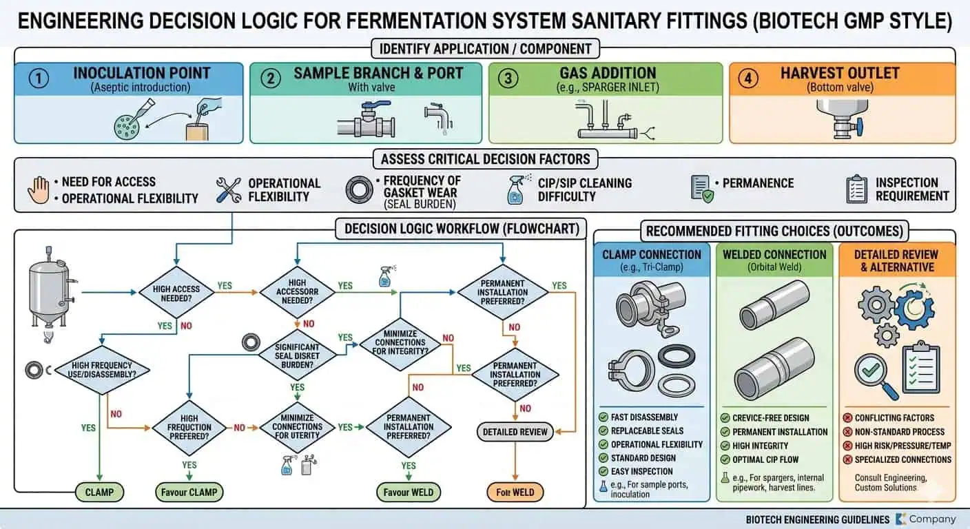 Fermentation System Sanitary Fitting Selection Logic Fermentation system sanitary fitting selection logic based on sterilization burden, sample points, gas addition, harvest routing, seal burden, and need for access