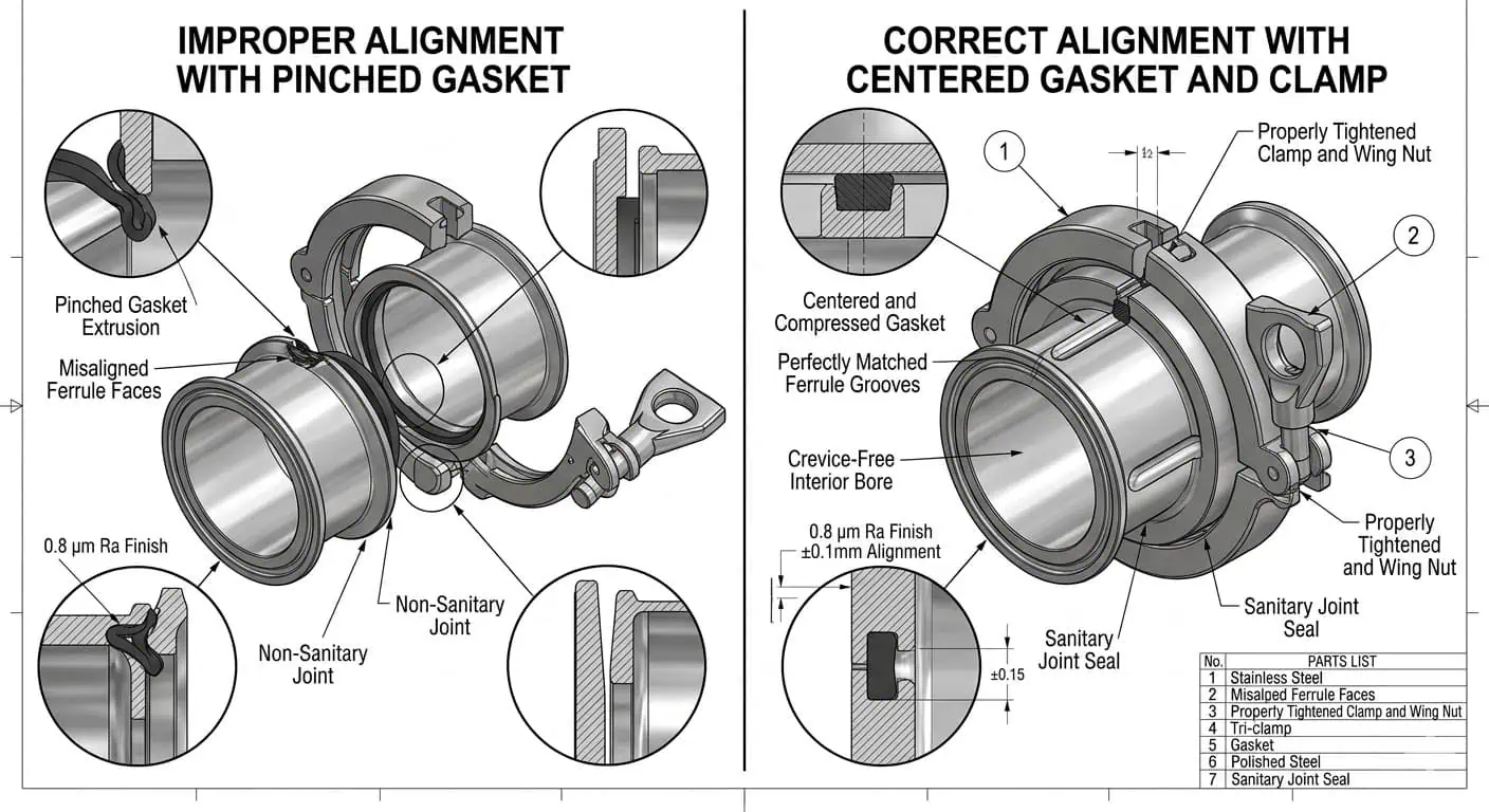 Sanitary clamp ferrule alignment and correct assembly Proper versus improper sanitary clamp ferrule alignment showing gasket pinch risk and correct hygienic assembly.