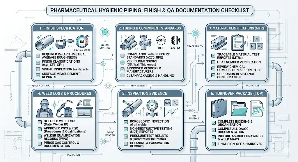 Finish and QA Documentation Checklist for Pharma Piping Projects Finish and QA documentation checklist for pharma piping projects showing finish specification tubing standard weld criteria certificates inspection evidence and turnover package