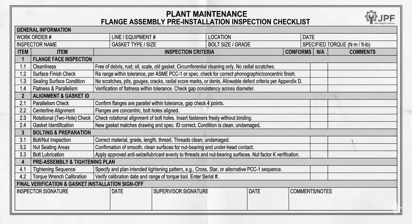 Flange Assembly Inspection Checklist Flange assembly inspection checklist for gasket sealing reliability