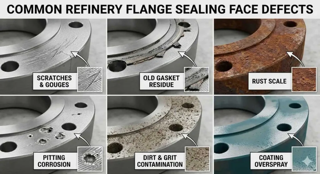 damaged flange sealing face with residue rust scratches and contamination