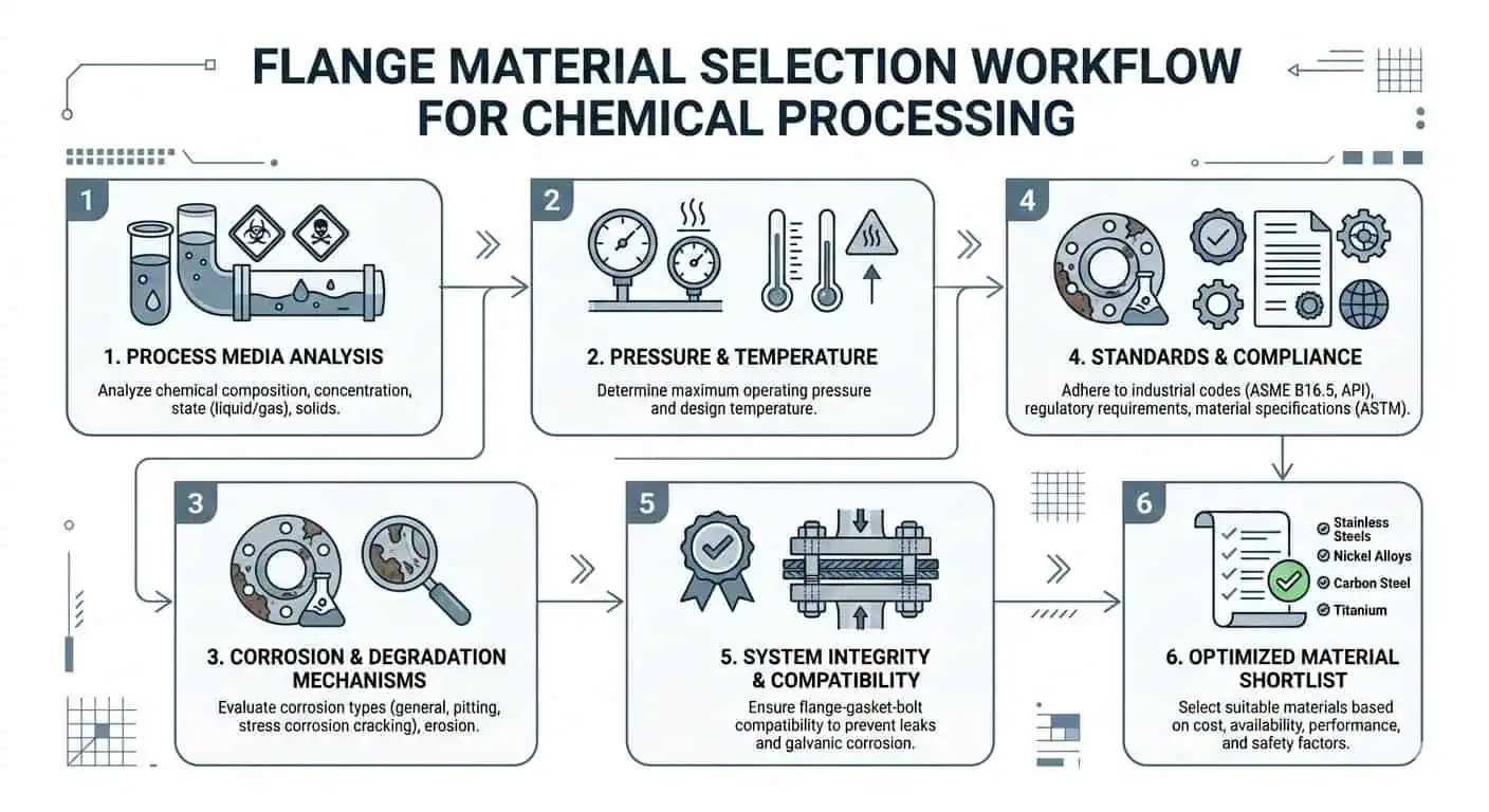 Flange Material Selection Workflow for Chemical Processing Flange material selection workflow for chemical processing from process media review to final material shortlist