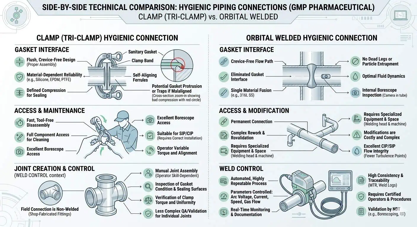 GMP Sanitary Fitting Selection Logic GMP sanitary fitting selection logic showing process fluid cleaning regime assembly risk seal interface inspection need and documentation requirements