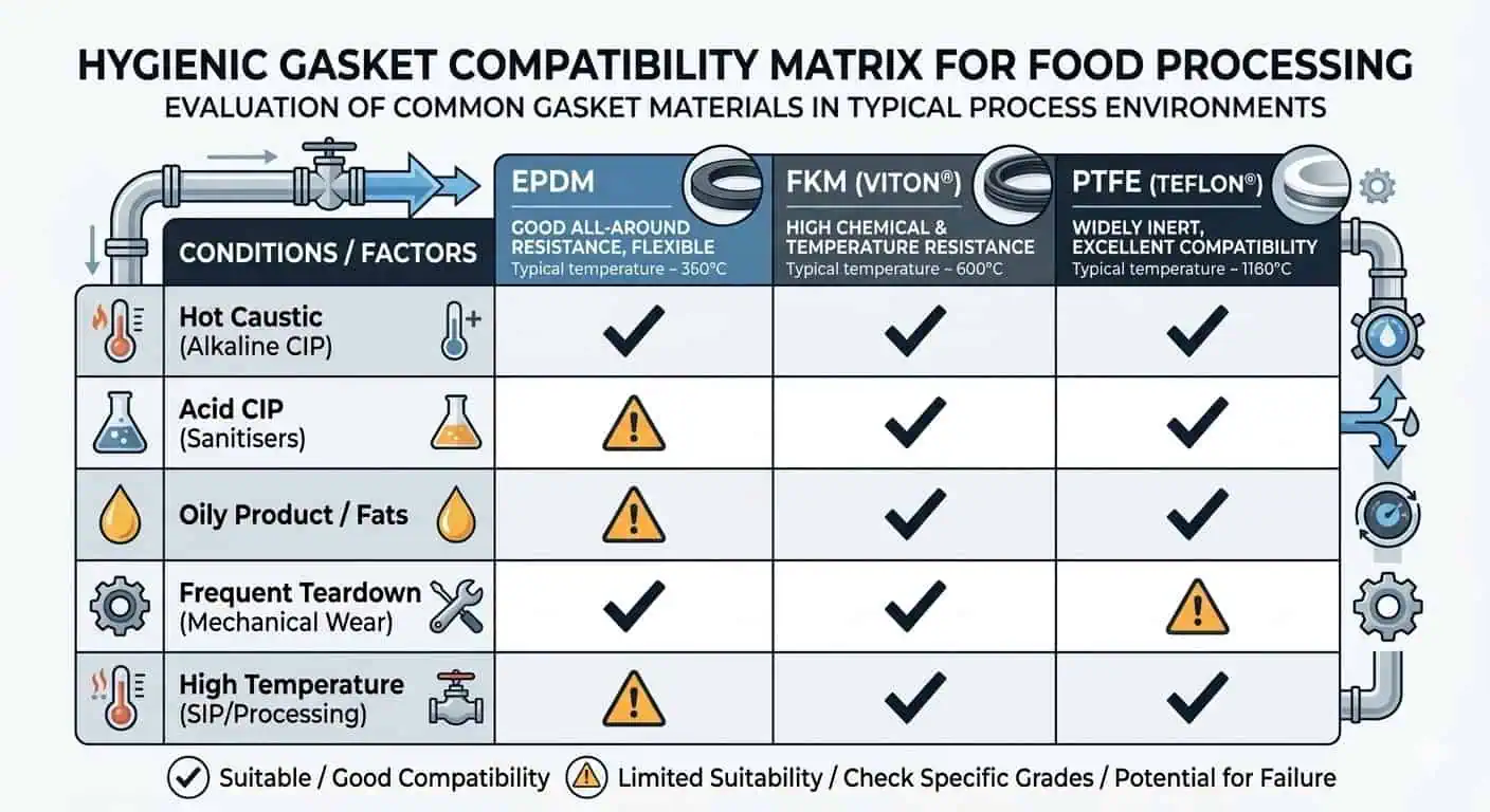 Gasket compatibility matrix for hygienic service Gasket compatibility matrix for hygienic service showing seal material selection against CIP chemistry, temperature, and product exposure.