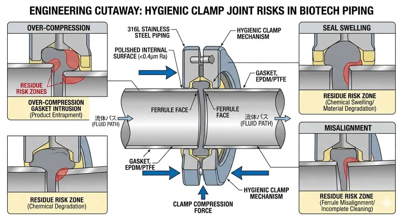 Gasket and Seal Degradation at Hygienic Clamp Interfaces Gasket and seal degradation at hygienic clamp interfaces showing over compression, swelling, misalignment, and local residue risk