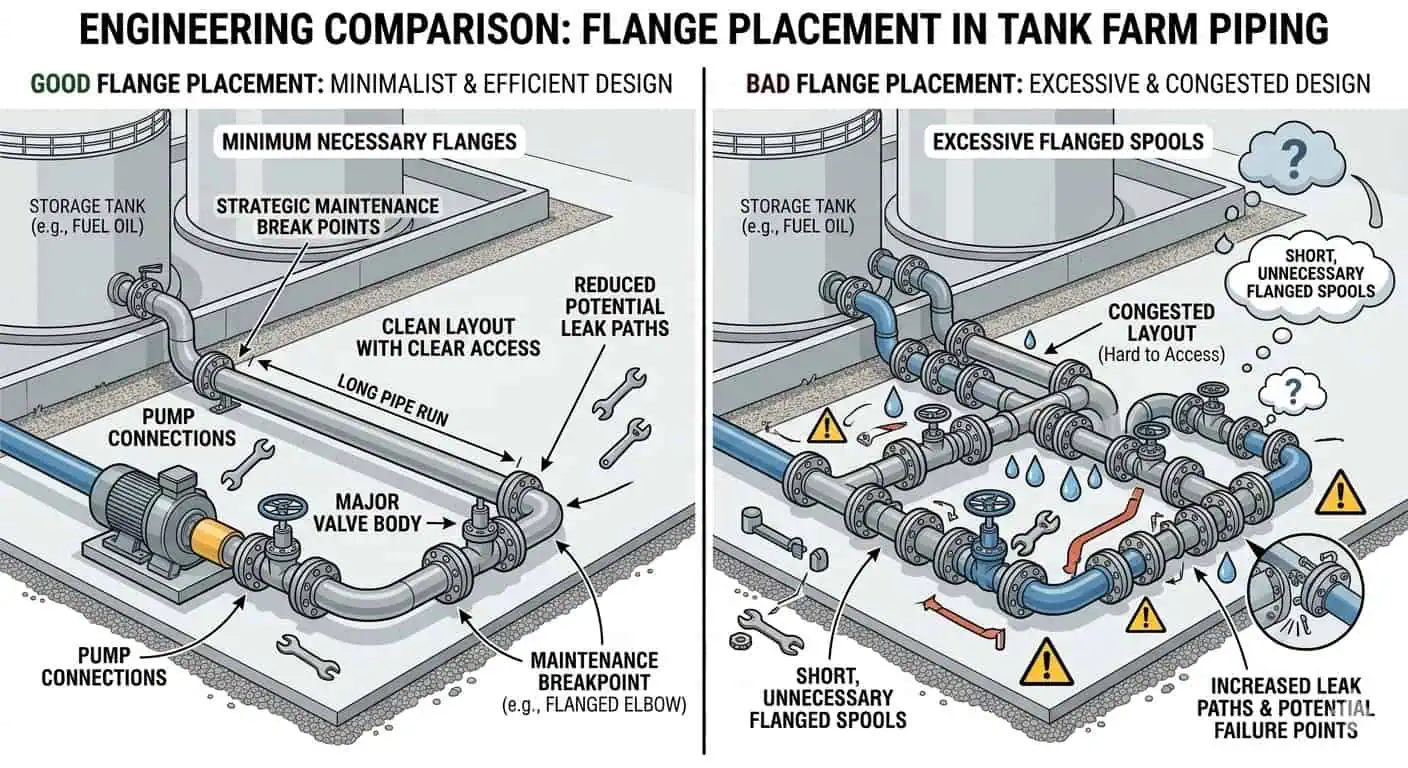 Good vs Bad Flange Placement in Tank Farm Piping Good vs bad flange placement in tank farm piping showing minimum necessary flange philosophy