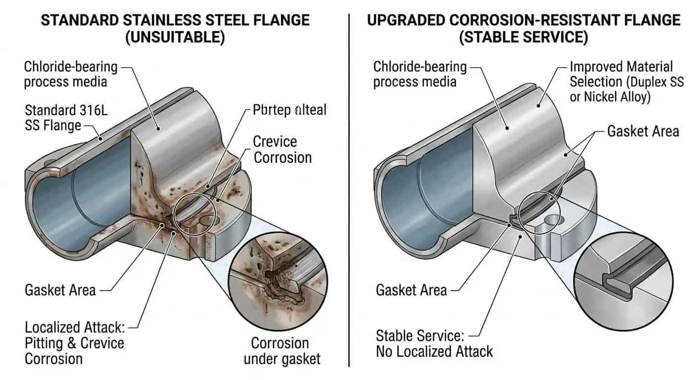 Good vs Bad Material Selection in Chloride Service Good vs bad flange material selection in chloride service showing localized corrosion risk and improved material choice