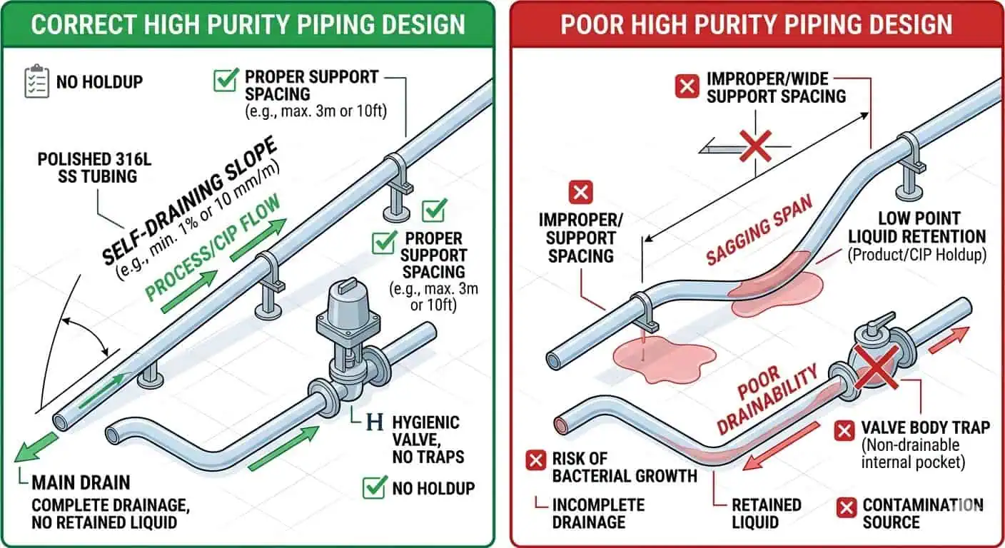 Good vs Poor Drainability in a Biotech High Purity Loop Good versus poor drainability in a biotech high purity loop showing correct slope versus retained liquid at a low point