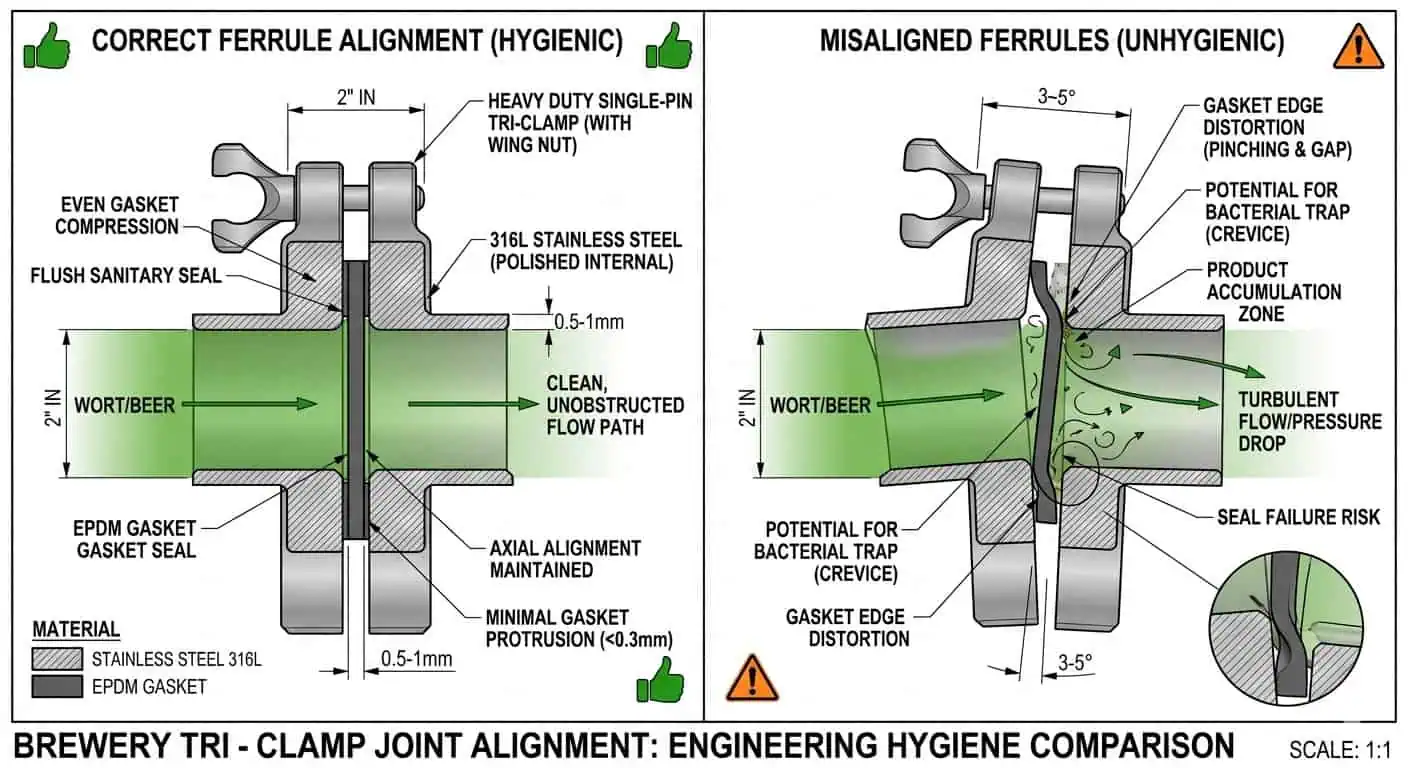 Good vs Poor Ferrule Alignment at a Brewery Clamp Joint Good vs poor ferrule alignment at a brewery clamp joint showing hygienic and unhygienic tri-clamp assembly
