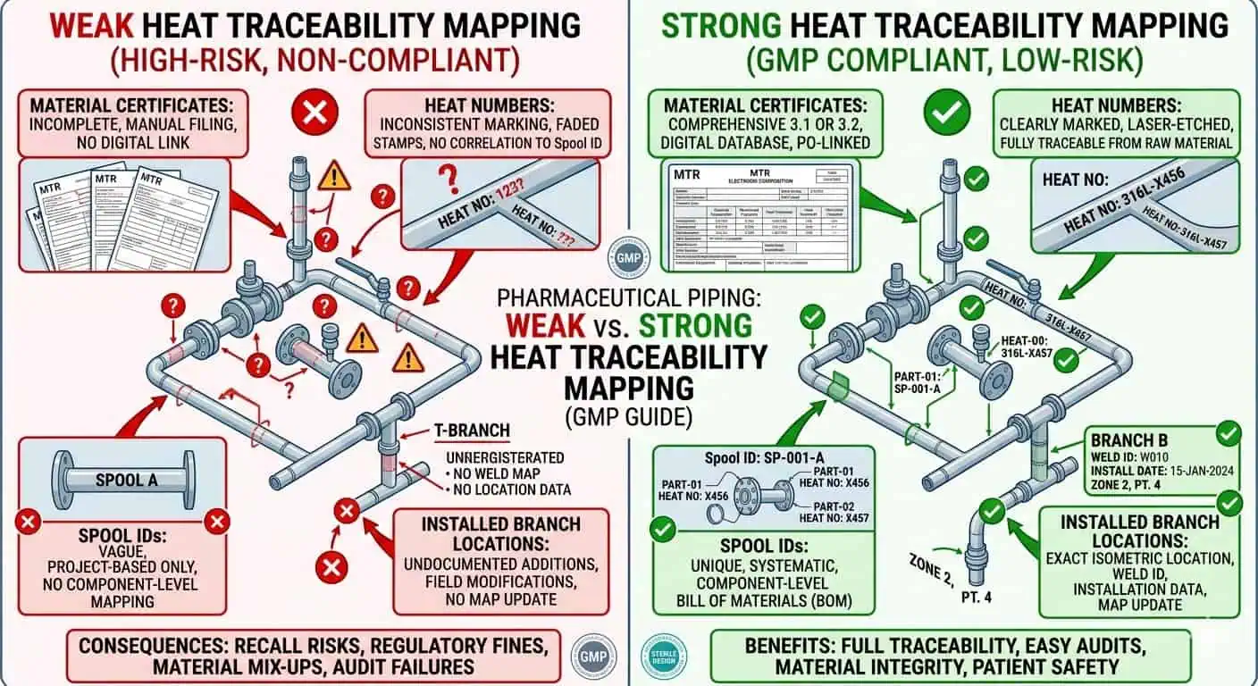 Heat Traceability and Installed Location Mapping Heat traceability and installed location mapping for pharma piping spools, fittings, and branch assemblies
