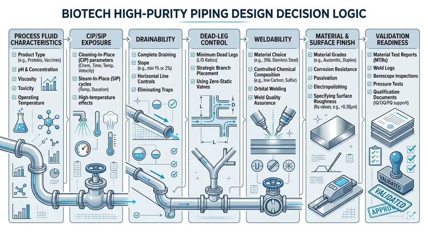 High Purity Piping Design Logic for Biotech Facilities High purity piping design logic for biotech facilities showing process fluid, drainability, dead-leg control, weldability, material and finish, and validation readiness