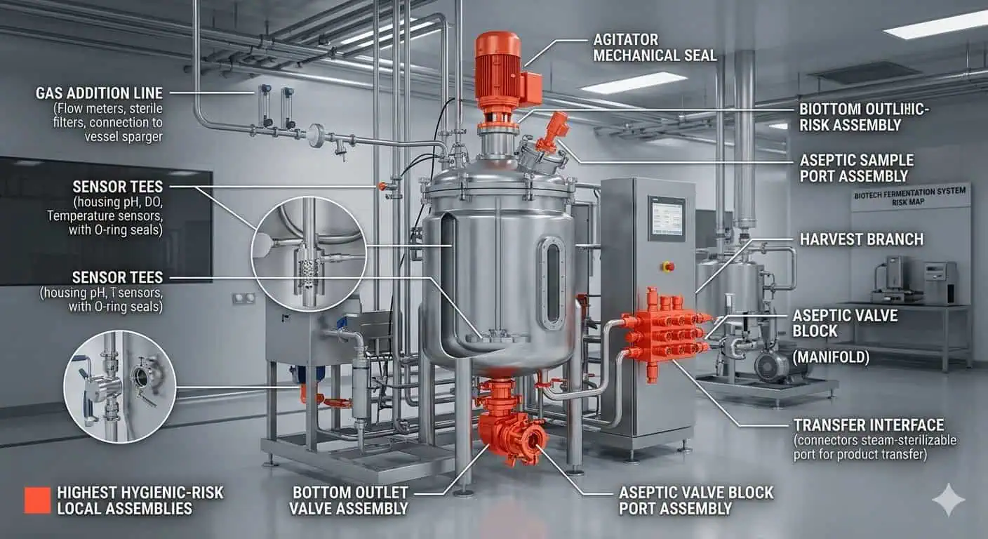 High-Risk Local Assemblies in a Fermentation System High-risk local assemblies in a fermentation system including sample points, gas addition lines, sensor tees, valve blocks, bottom outlets, and harvest branches