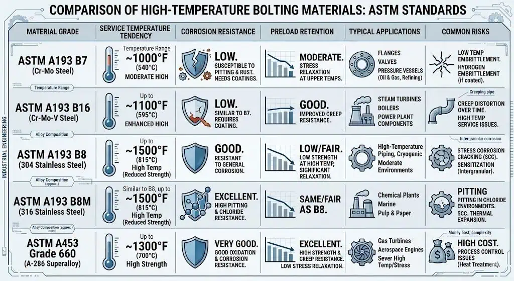 High temperature bolt material selection chart comparing ASTM A193 B7 B16 B8 B8M and ASTM A453 Grade 660 for flanges valves and pressure equipment