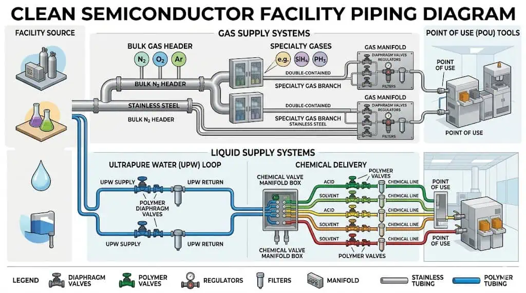 High purity piping components for semiconductor facilities High purity piping components used in semiconductor facilities for gas UPW and liquid chemical distribution