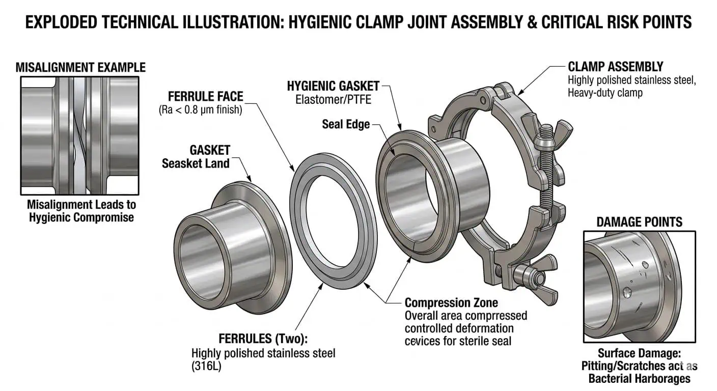 Hygienic Clamp Joint and Gasket Inspection Points Hygienic clamp joint and gasket inspection points showing ferrule faces, gasket land, seal edge, and common damage locations