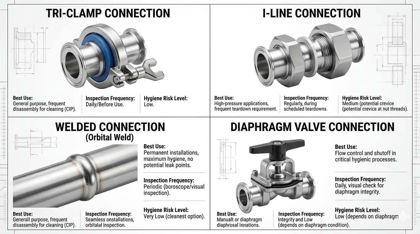 Hygienic connection type comparison Comparison of hygienic connection types for food processing including tri-clamp, I-line, welded connections, and hygienic valve options.