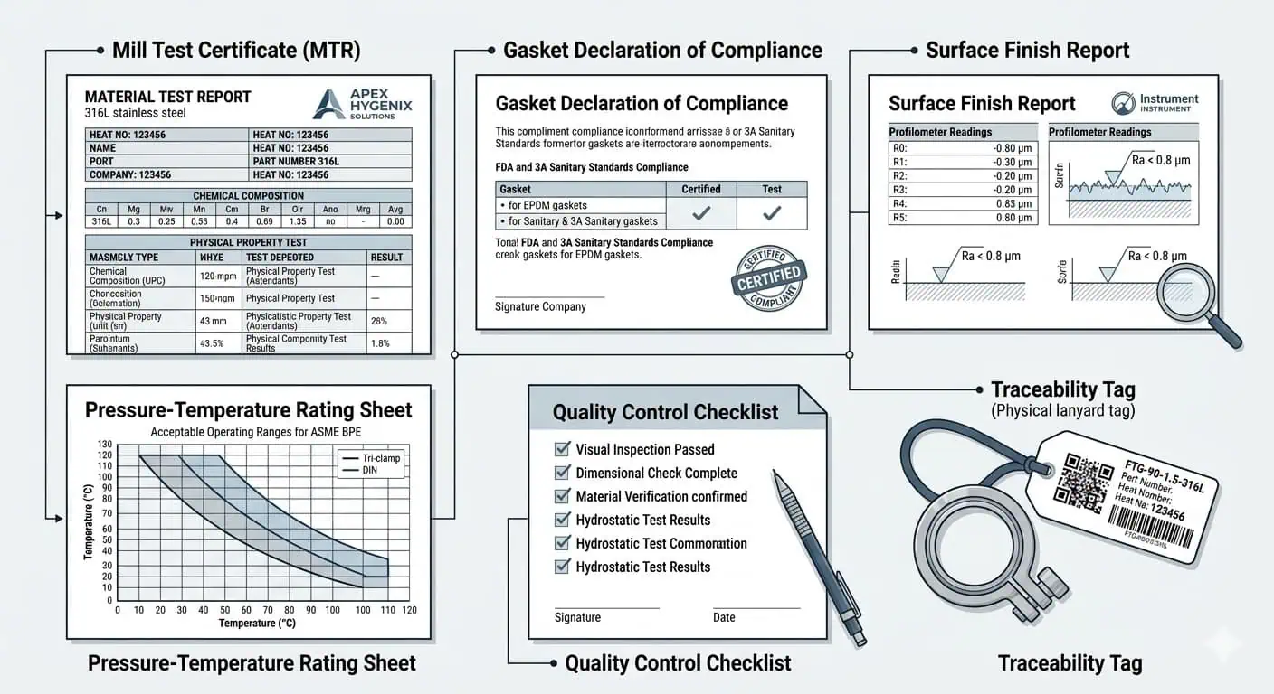 Hygienic documentation pack checklist Hygienic fitting documentation pack checklist including material certificates, gasket declarations, finish records, pressure ratings, and traceability tags.