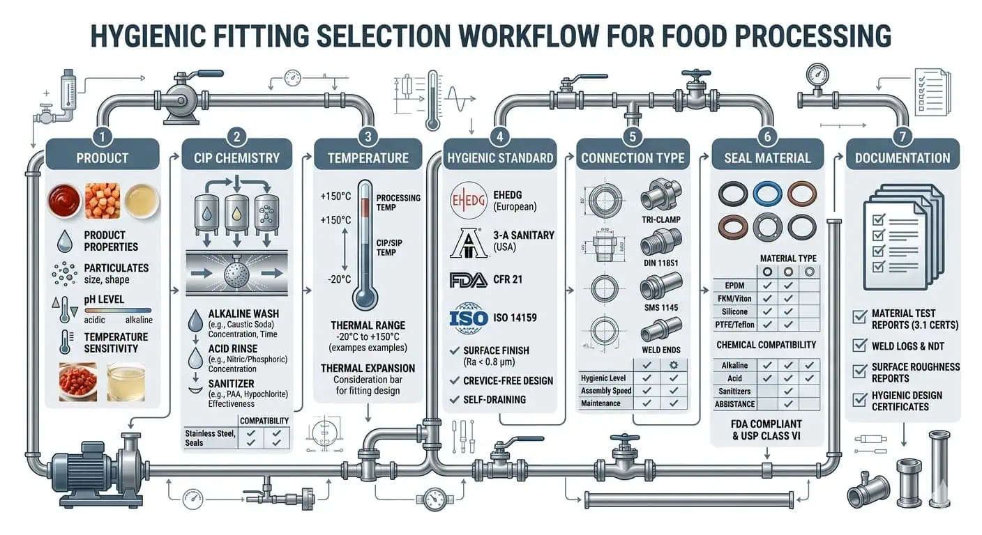 Hygienic fitting selection logic for food processing Hygienic fitting selection logic for food processing lines showing product media, CIP chemistry, temperature, connection type, seal material, and documentation checks.