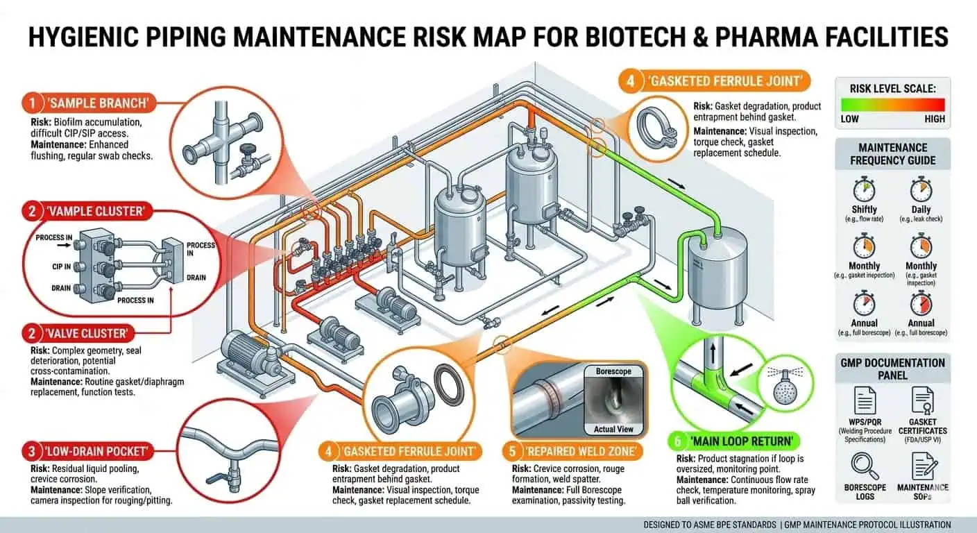 Hygienic Piping Maintenance Risk Map Hygienic piping maintenance risk map for biotech and pharmaceutical facilities showing sample branches, valve clusters, low-drain pockets, gasketed joints, and weld-sensitive zones