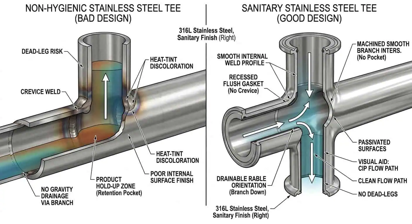 Hygienic Tee Geometry and Dead-Leg Risk Hygienic tee geometry and dead leg risk in sanitary piping showing cleanable flow path and retention points