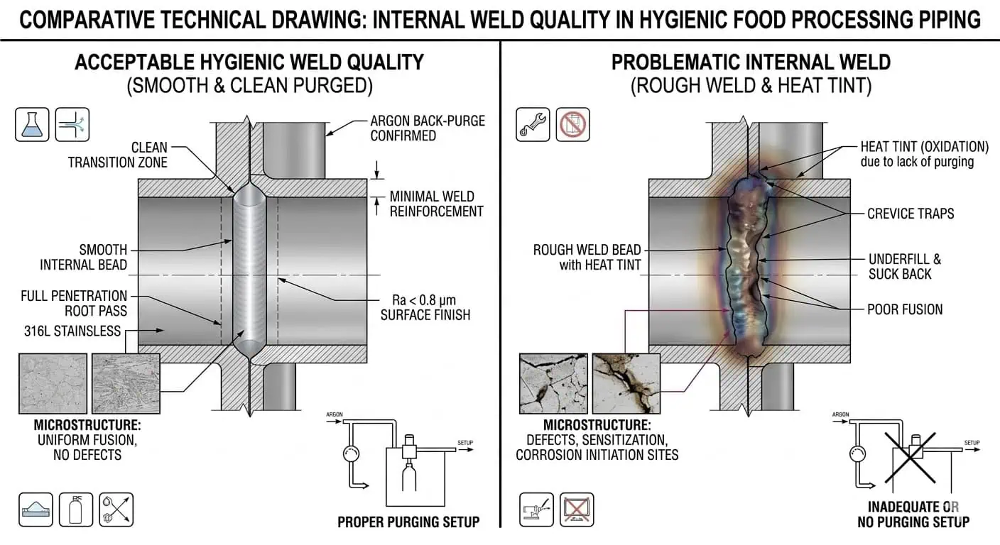 Hygienic Weld Quality: Acceptable vs Problematic Internal Condition Hygienic weld quality comparison showing acceptable versus problematic internal weld condition in food grade stainless piping