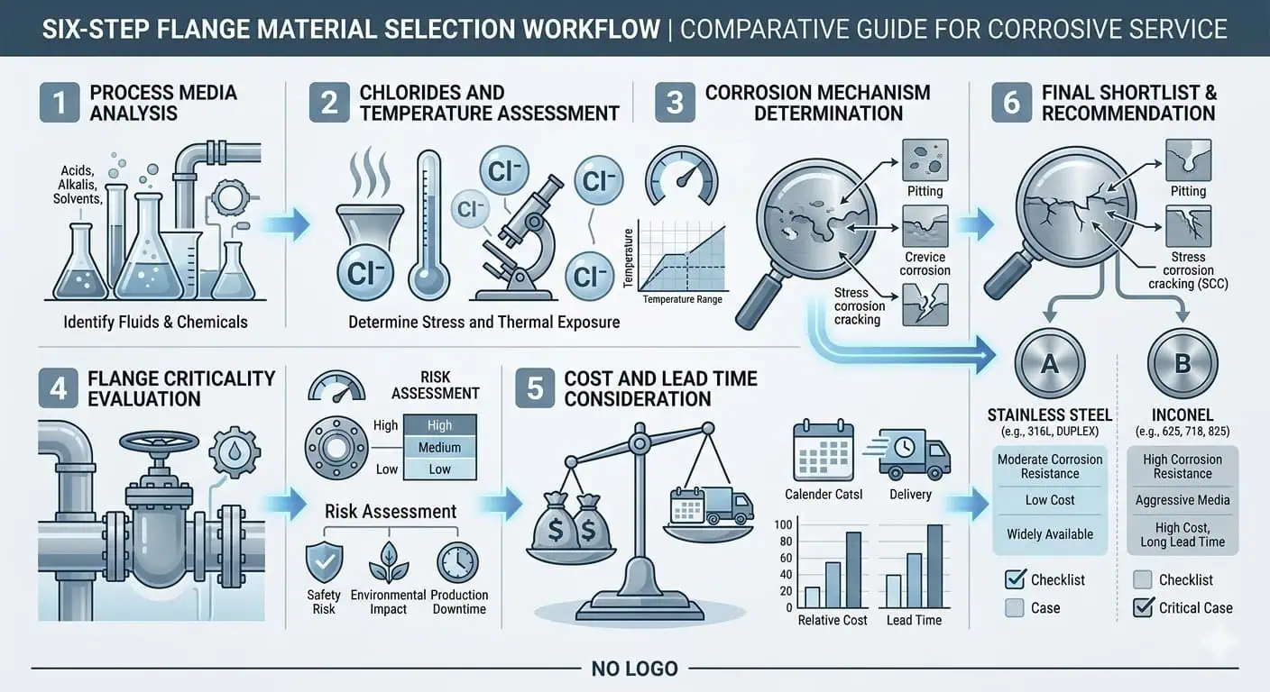 Inconel vs Stainless Steel Flange Selection Workflow Inconel vs stainless steel flange selection workflow for corrosive service