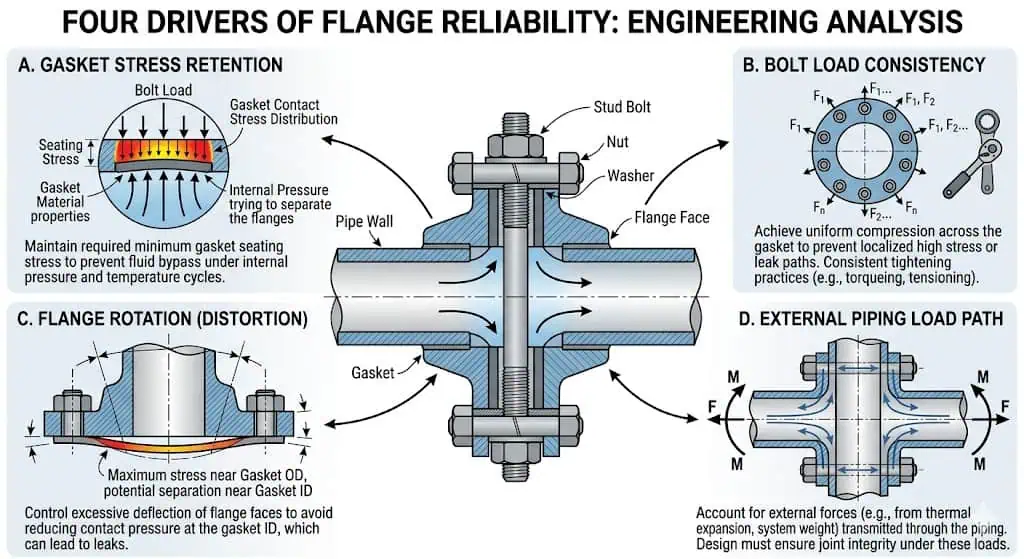 Load and Sealing Drivers of Flange Reliability Load and sealing drivers of flange reliability including gasket stress retention bolt load consistency flange rotation and external piping loads