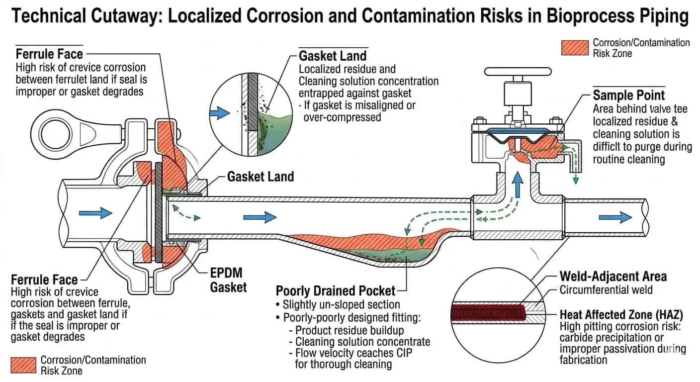 Local Corrosion Risk at Ferrules, Gasket Lands, and Sample Points Local corrosion risk at ferrules gasket lands and sample points in bioprocess piping showing residue concentration, crevice-prone zones, and poorly drained pockets