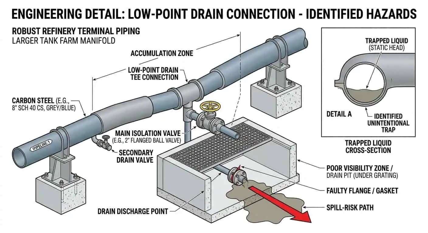 Low-Point Drain and Spill-Risk Connection Low point drain and spill risk connection in tank farm piping