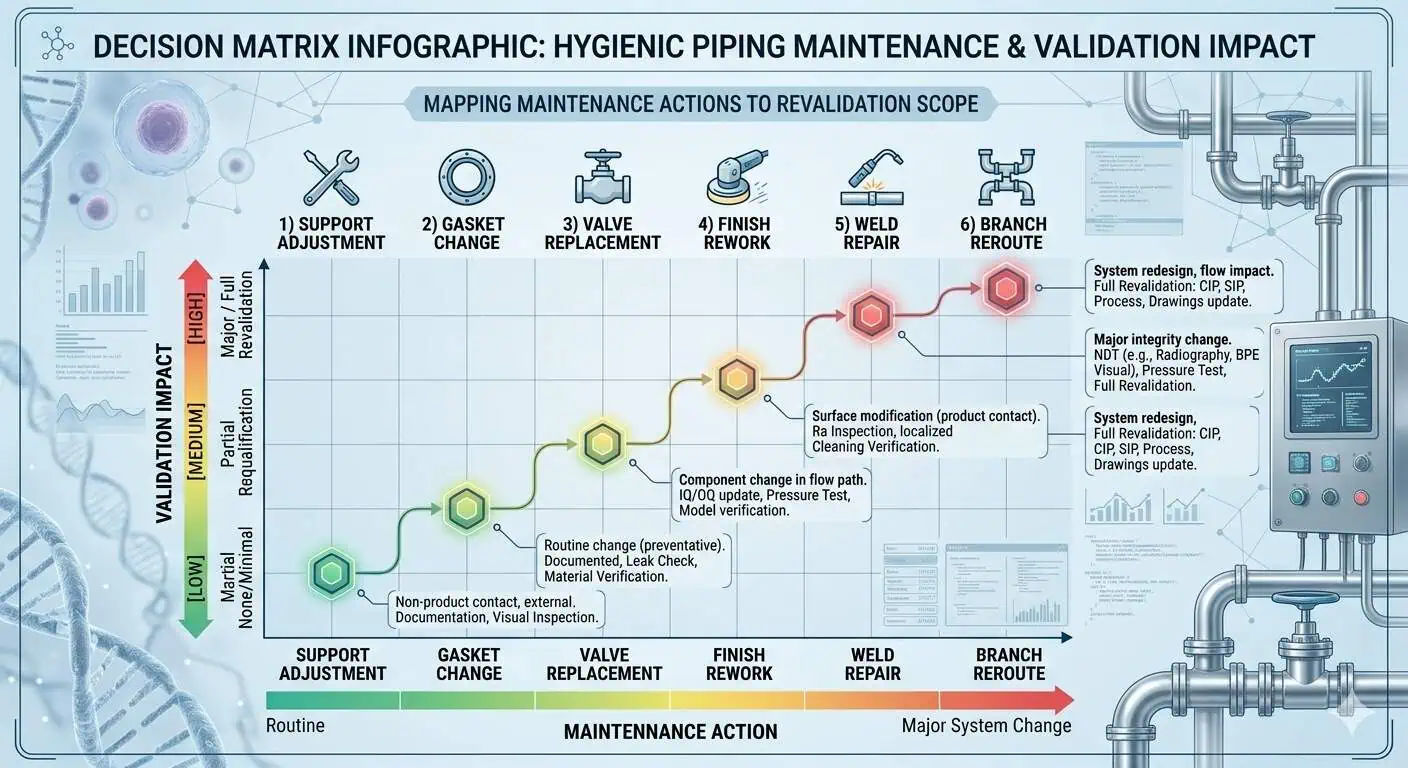 Maintenance Action vs Validation Review Matrix Maintenance action versus validation review matrix for hygienic piping systems showing gasket changes, weld repairs, branch reroutes, valve replacement, and support changes