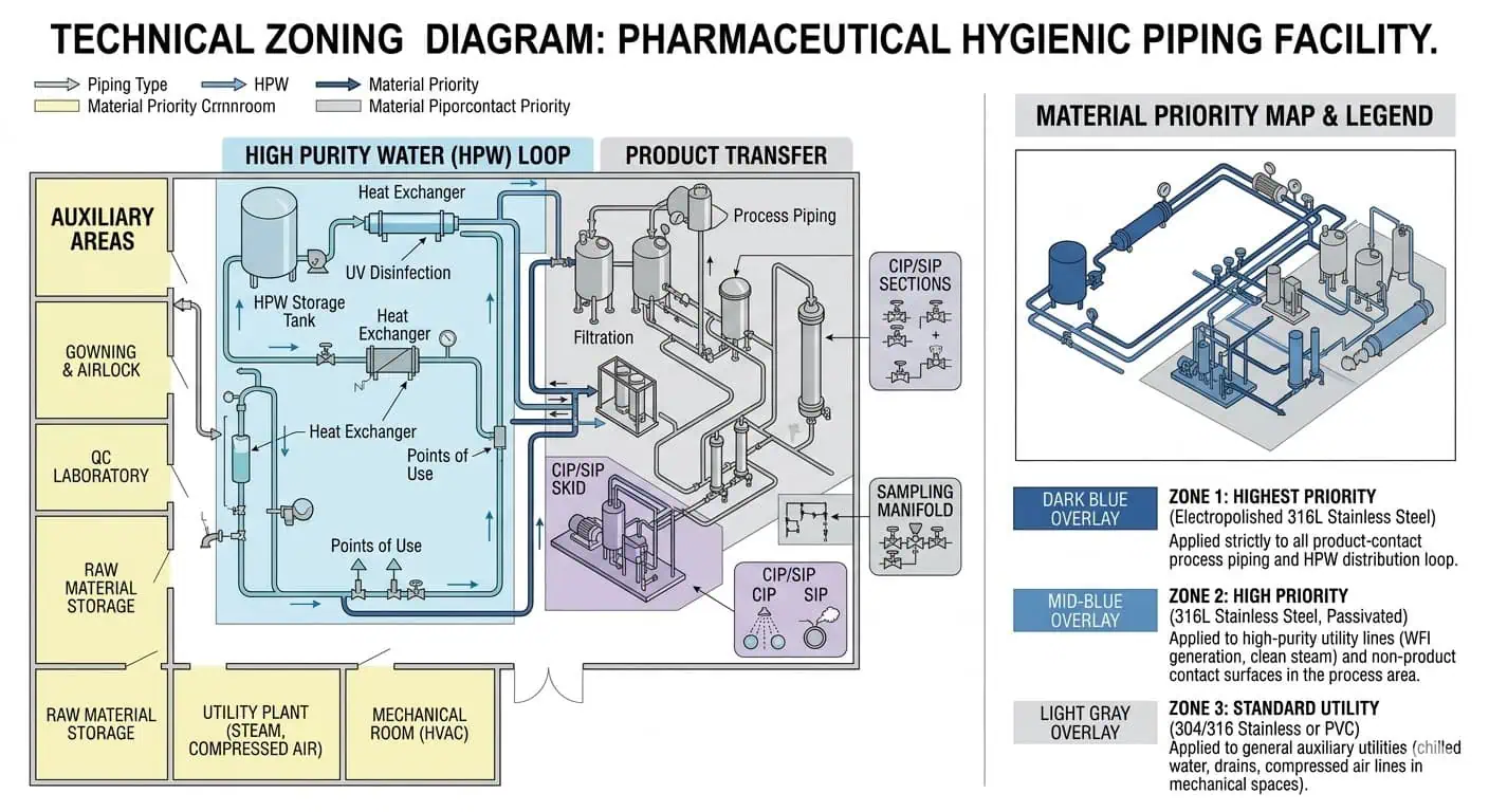 Material Zoning by Process Area in Pharma Facilities Material zoning by process area in pharmaceutical facilities showing high purity water product transfer SIP CIP sections and auxiliary areas