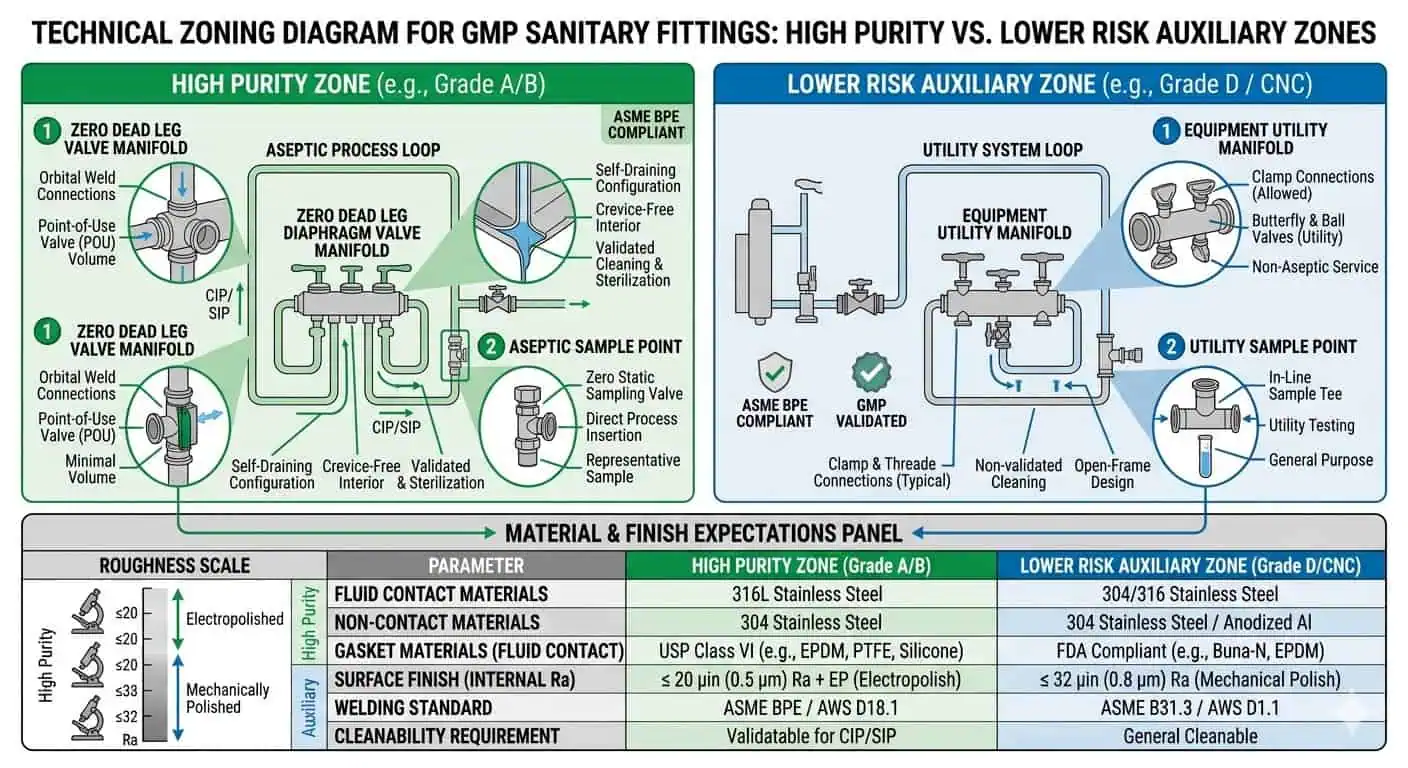 Material and Finish Zoning for GMP Sanitary Fittings Material and finish zoning for GMP sanitary fittings showing high purity zones sample points valve manifolds and lower risk auxiliary areas