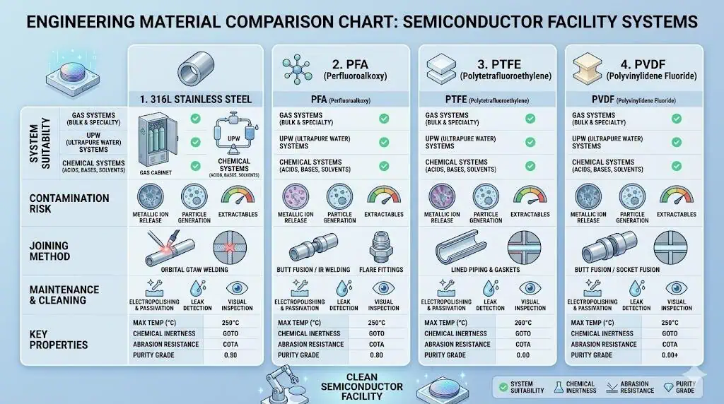 Material selection for semiconductor high purity piping components Material selection chart for semiconductor high purity piping components including 316L stainless steel and polymer systems