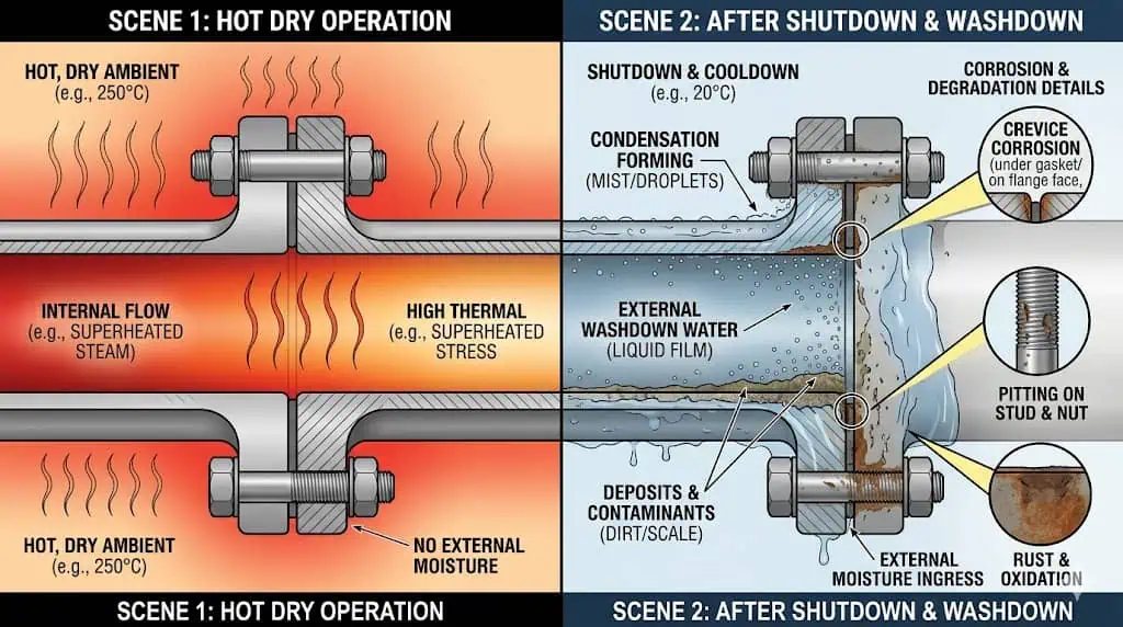 Operating and Shutdown Exposure for Bolting Operating and shutdown exposure for bolting showing hot service conditions versus cooldown condensation washdown and chloride exposure