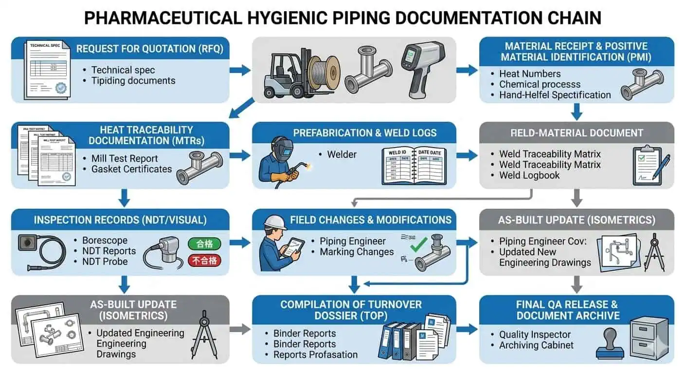 Pharma Piping Documentation Chain Logic Pharma piping documentation chain logic from RFQ through fabrication, inspection, as-built updates, turnover dossier, and QA release