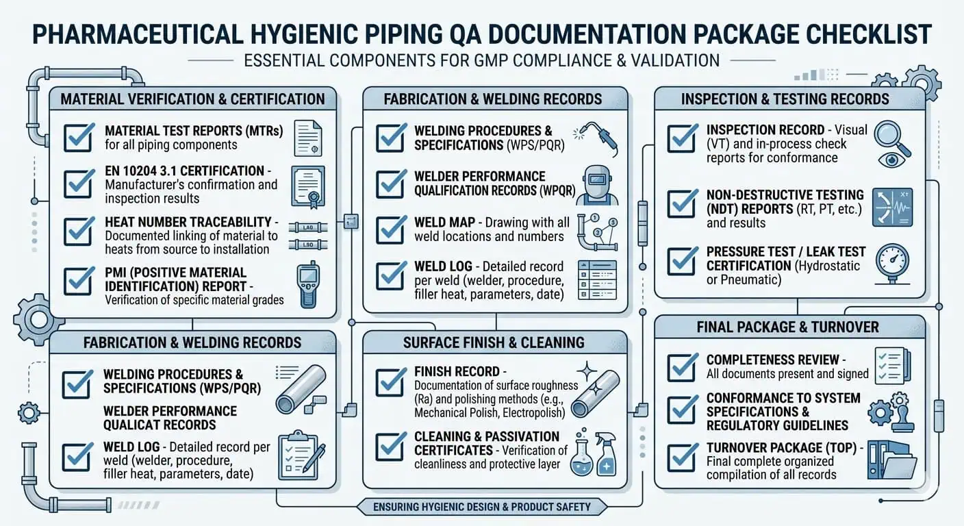 Pharma Piping QA Documentation Package Checklist Pharma piping QA documentation package checklist showing heat number EN 10204 3.1 PMI finish record weld map weld log and inspection records