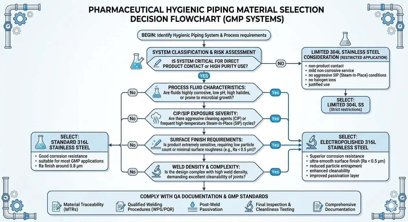 Pharmaceutical Hygienic Piping Material Selection Logic Pharmaceutical hygienic piping material selection logic for GMP systems showing process fluid CIP SIP finish weld density and QA documentation inputs