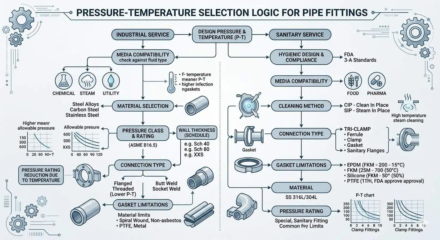 Pressure Temperature Selection Logic Pressure temperature selection logic for sanitary and industrial pipe fittings based on service duty, connection type, and gasket limits