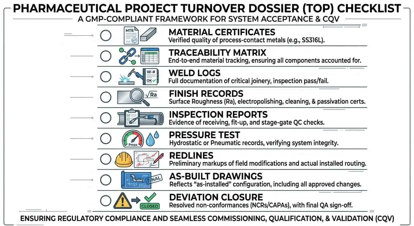 QA Turnover Documentation Package Checklist QA turnover documentation package checklist for pharma piping projects including material certs, weld logs, finish records, as-builts, and release evidence