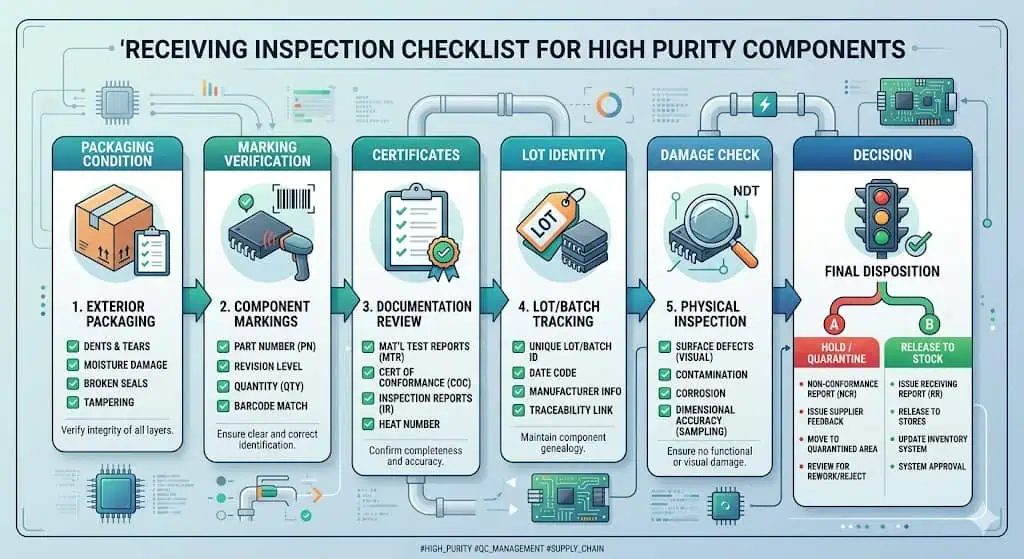 Receiving inspection checklist for high purity components Receiving inspection checklist for high purity components including packaging marking certificates lot traceability and delivery condition checks