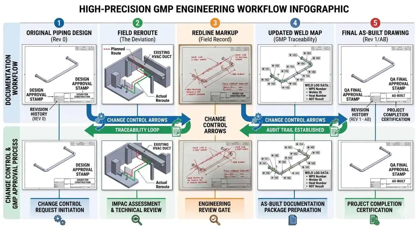 Redline to As-Built Change Control Logic Redline to as-built change control logic in pharma piping projects showing field changes, updated weld mapping, and final drawing closure