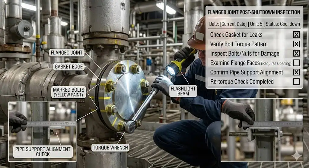 Restart Inspection for Thermally Cycled Flanges Restart inspection for thermally cycled flanges showing bolt condition gasket edge support alignment and shutdown inspection checks