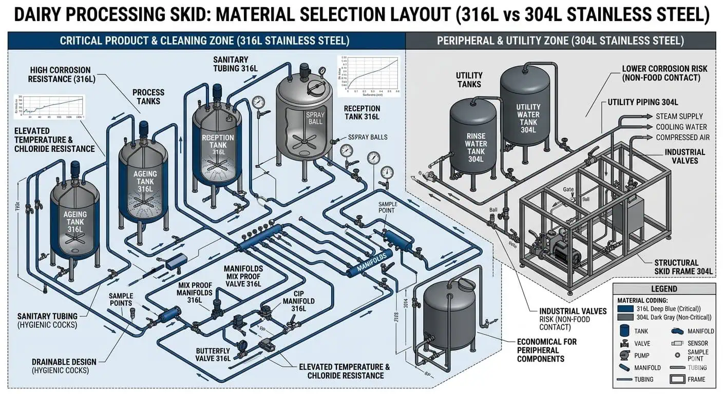Risk-Based Material Zoning in a Dairy Processing Skid Risk-based material zoning in a dairy processing skid showing where 316L and 304L are typically used