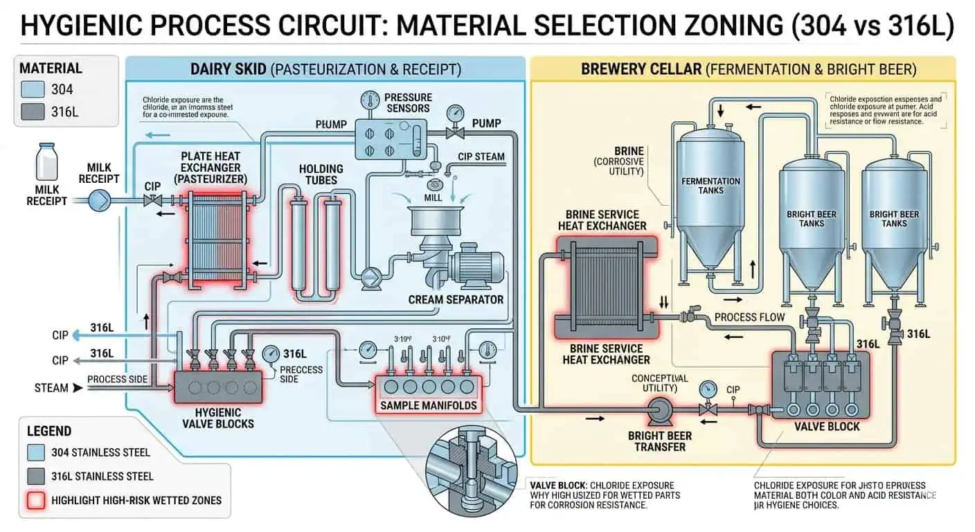Risk-Based Material Zoning in a Dairy Skid and Brewery Cellar Circuit Risk-based 304 and 316L material zoning in a dairy skid and brewery cellar hygienic circuit