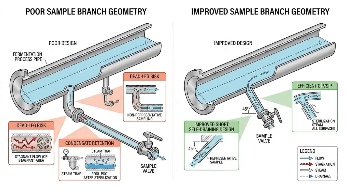Sample Branch Dead-Leg and Drainback Failure Pattern Sample branch dead-leg and drainback failure pattern in fermentation piping showing long branch retention, poor condensate drainback, and improved self-draining branch geometry