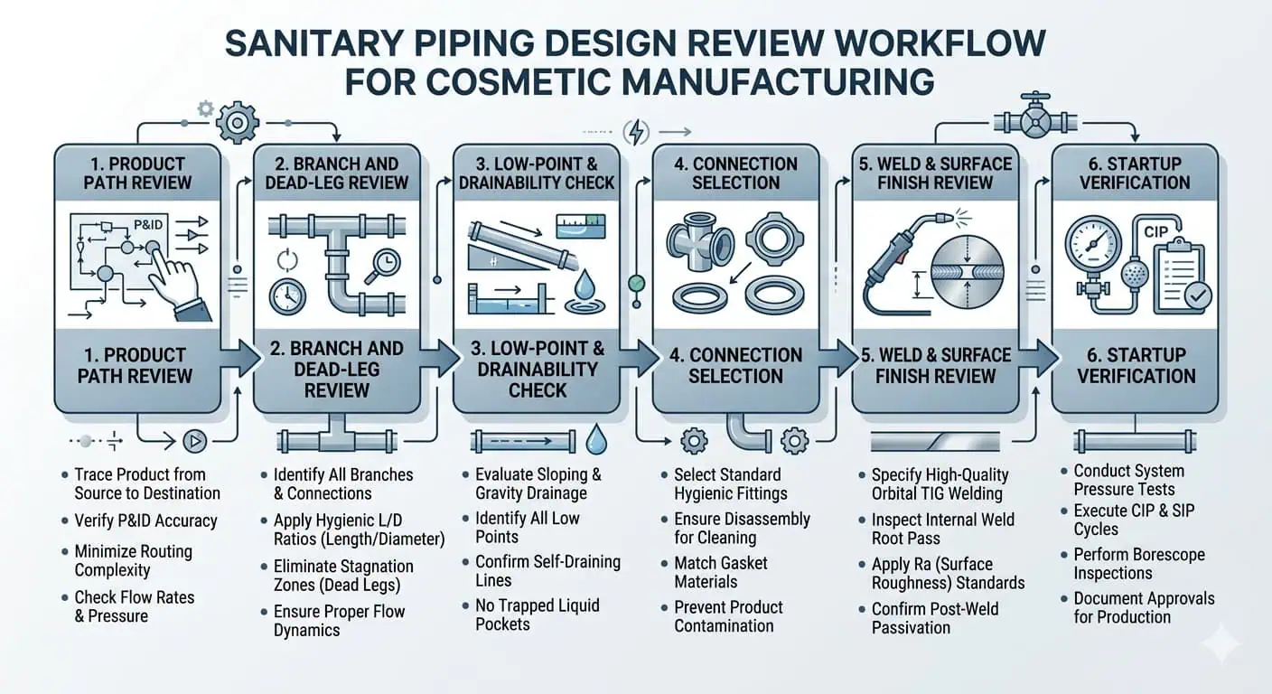 Sanitary Piping Design Review Workflow Sanitary piping design review workflow for cosmetic manufacturing covering layout, branches, drainability, and startup checks